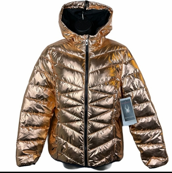 Spyder water resistant rose gold puffy hoodie women jacket size L New - Picture 4 of 15